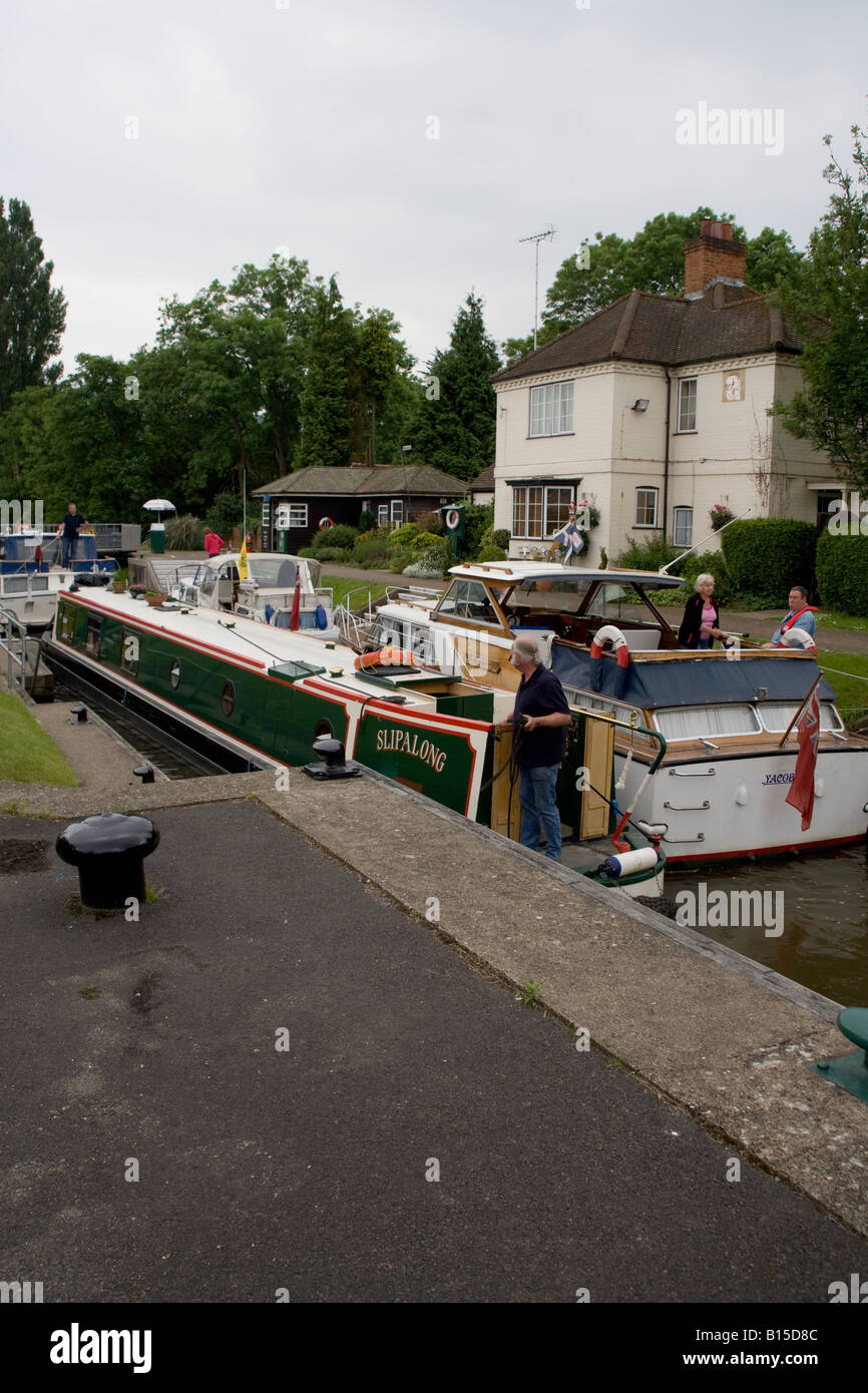 Summer barge boating canal england lock marlow weir lock holiday Stock Photo