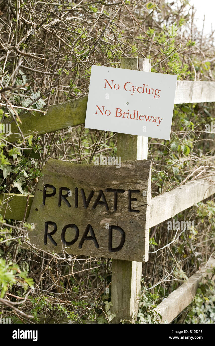 handmade road signs forbidding entry to private road with other no cycling and no bridleway sign Stock Photo