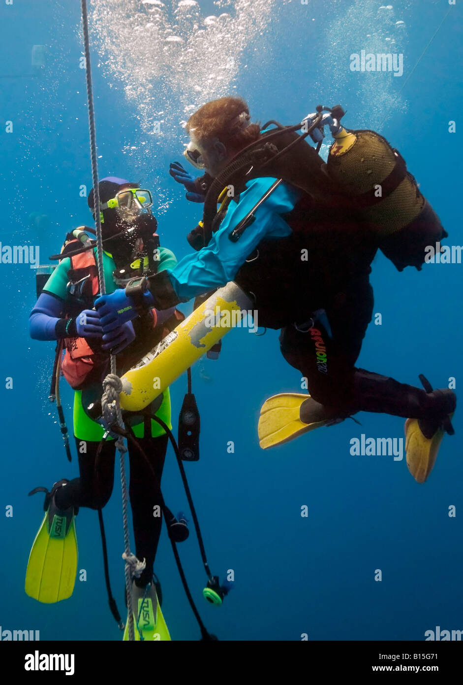 Depiction of scuba diver decompression training on the shot line from The Zenobia shipwreck off the coast of Cyprus. Stock Photo