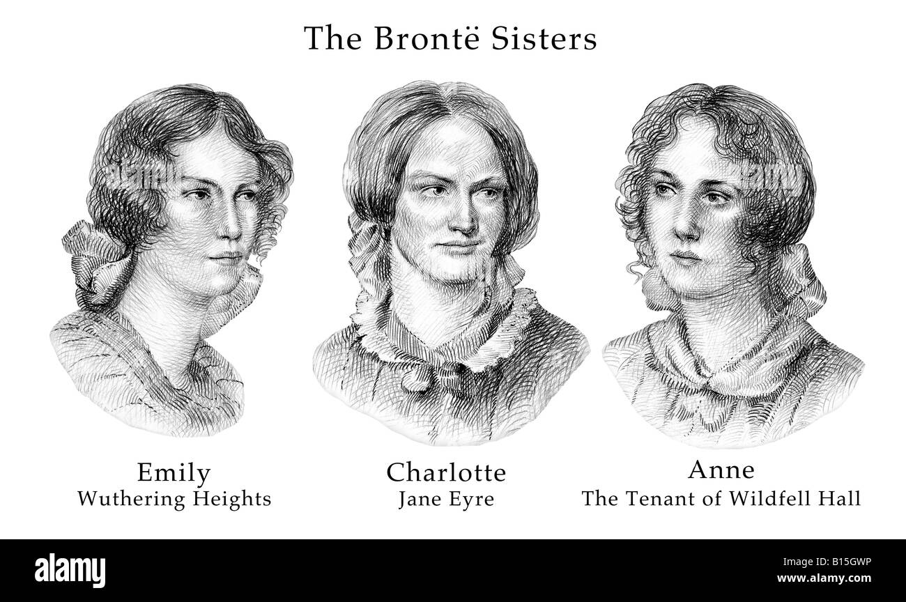 The Brontë Sisters Cross Hatch Style Modern Illustration Stock Photo