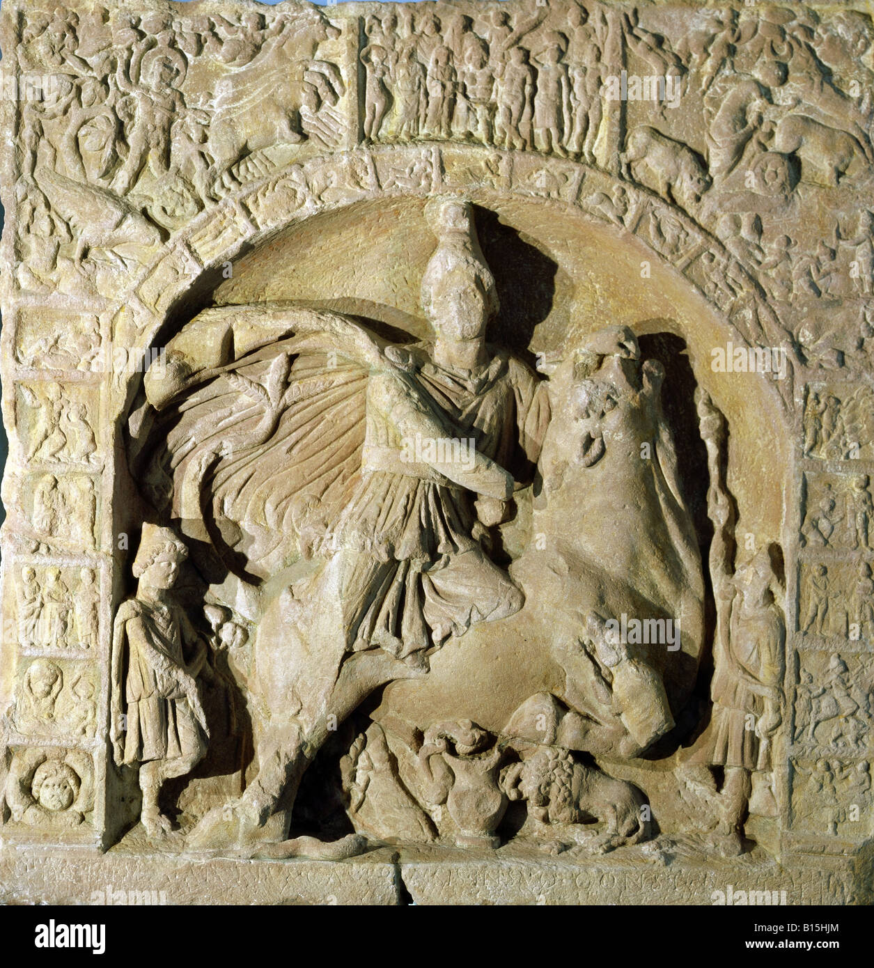 fine arts, ancient world, Roman Empire, sculpture, Mithras killing the bull, relief, Osterburken, 1st half 3rd century BC, Badisches Landesmuseum, Karlsruhe, , Artist's Copyright has not to be cleared Stock Photo