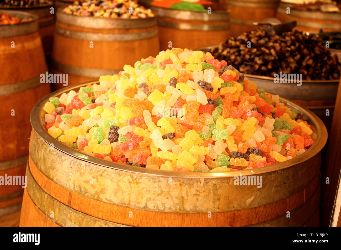 A barrel of colourful jelly babies Stock Photo Alamy