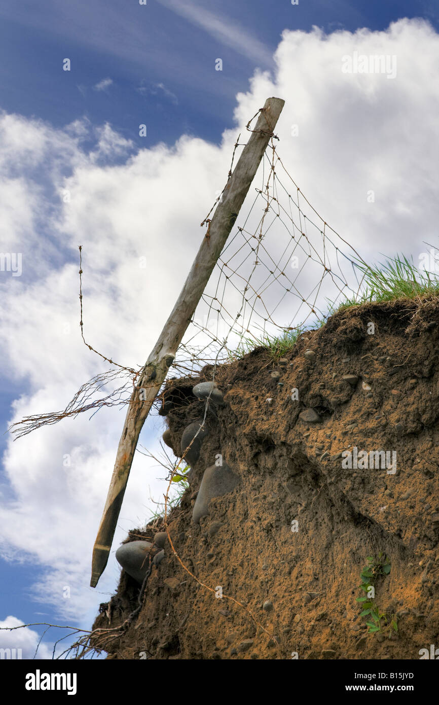 The last post. Soil cliff eroding into the sea in mid Wales Stock Photo