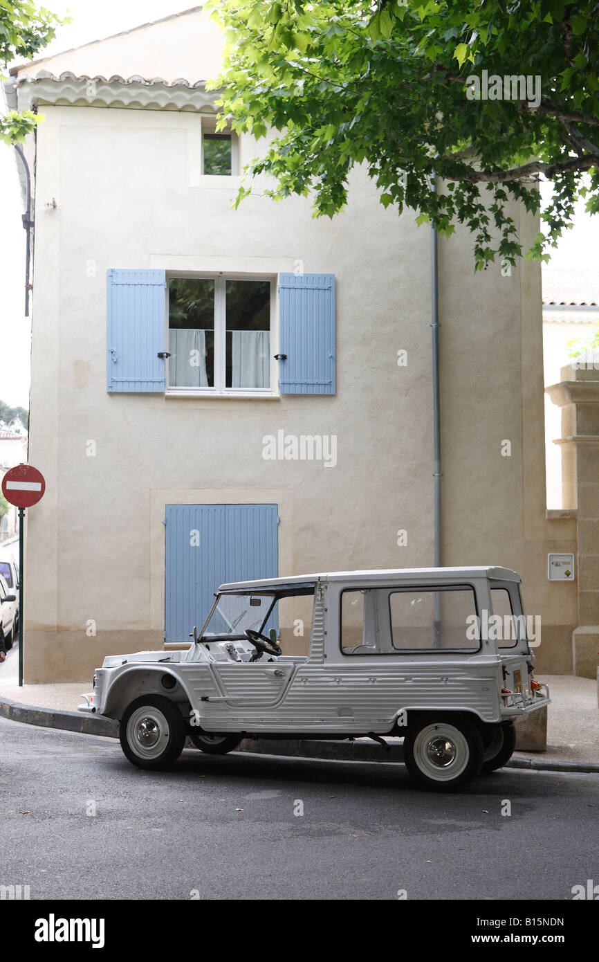 A Citroen Mehari off road car stands on a street under trees in the village of Vacqueyras, Provence, France Stock Photo