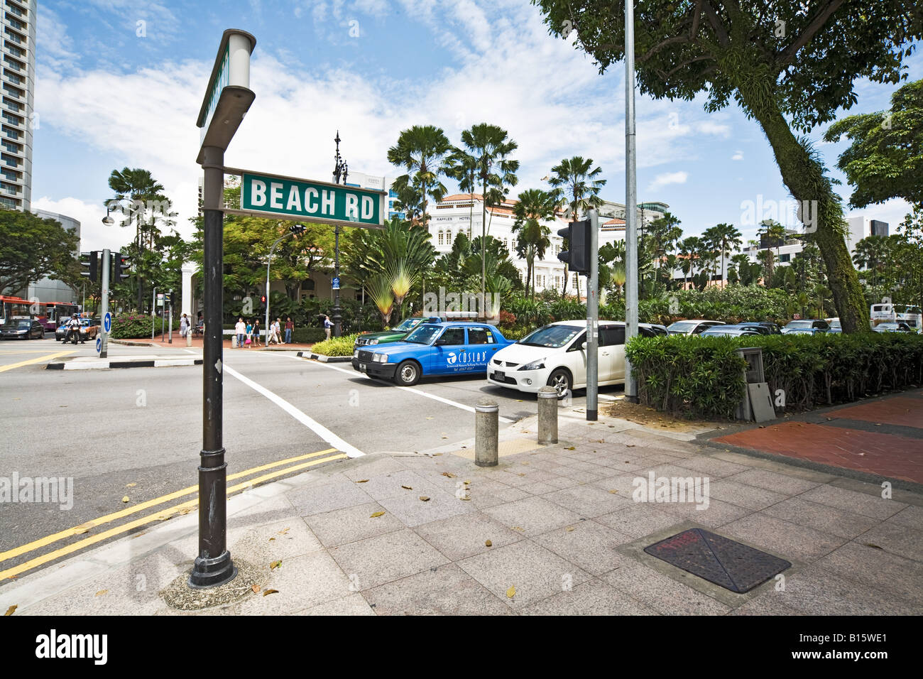 BEACH ROAD AND RAFFLES HOTEL SINGAPORE Stock Photo