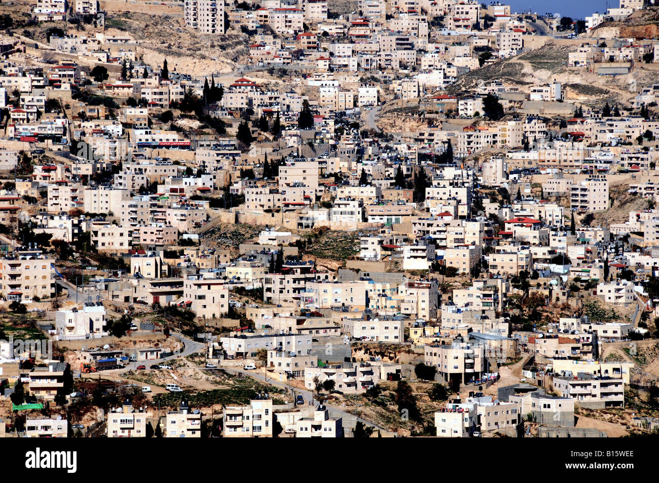 Looking out onto heavily populated south east Jerusalem, an Arab section of the city. Stock Photo