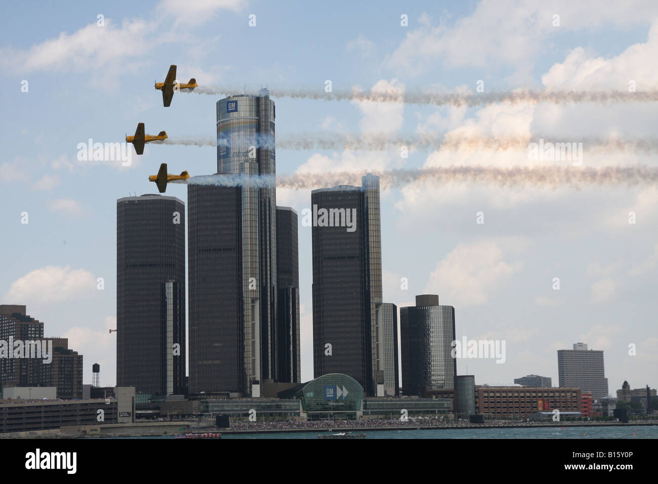 Three planes flying over the Detroit River during the 2008 Red Bull Air Race World Series in Detroit, Michigan. Stock Photo