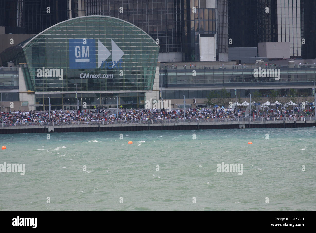 A massive crowd gathered along the Detroit Riverwalk in front of the Renaissance Center, General Motors headquarters, in Detroit Stock Photo