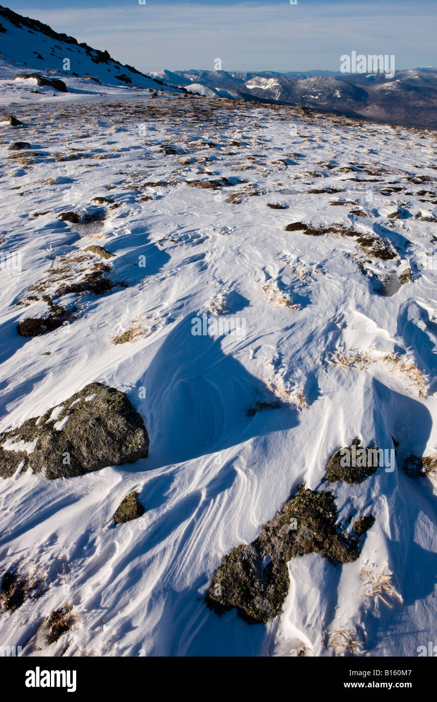 Wind scoured snow on Mount Clay in New Hampshire's White Mountains. Stock Photo