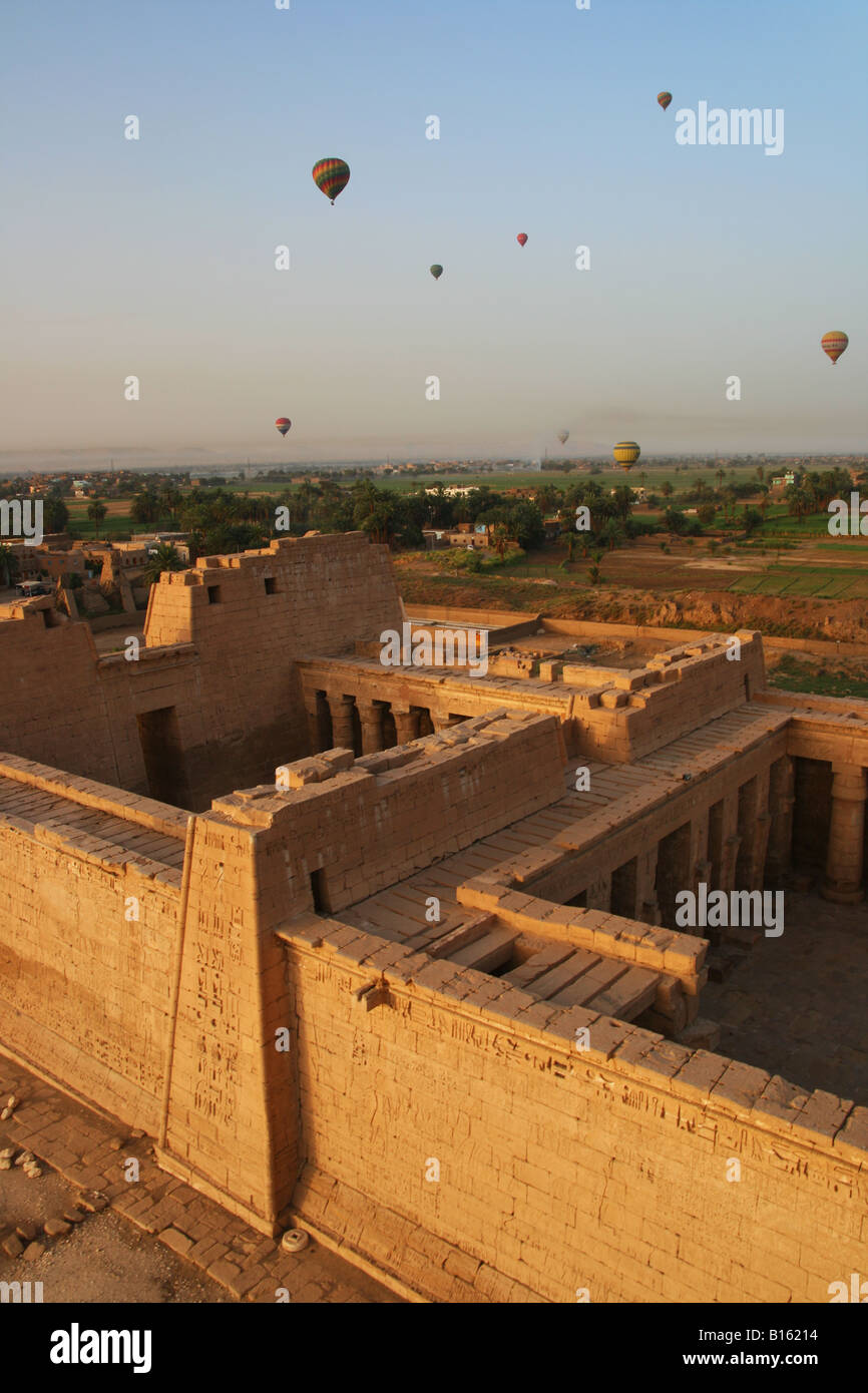 Hot Air Balloons Over Egyptian Temple Valley Of The Kings Stock Photo