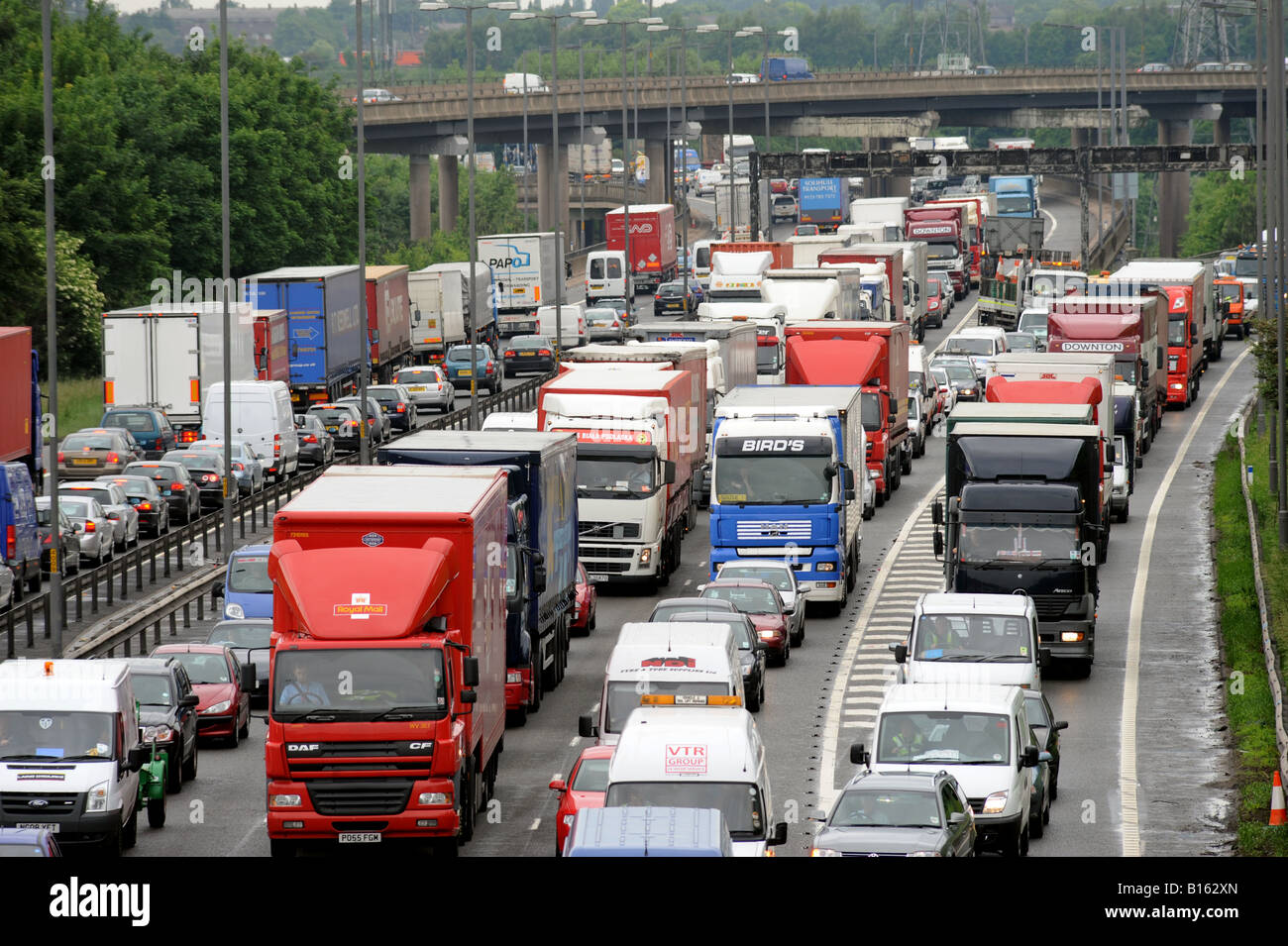 Gridlock with stationary traffic at the M5 and M6 Junction in the West Midlands, as rush hour starts at the start of the Holiday Stock Photo