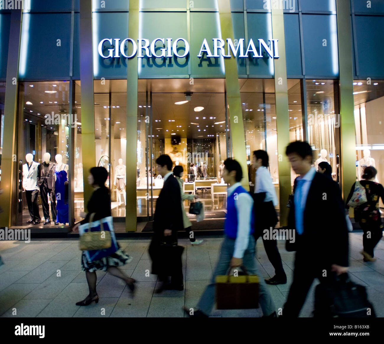 Exterior view in evening of new Giorgio Armani tower in Ginza Tokyo ...