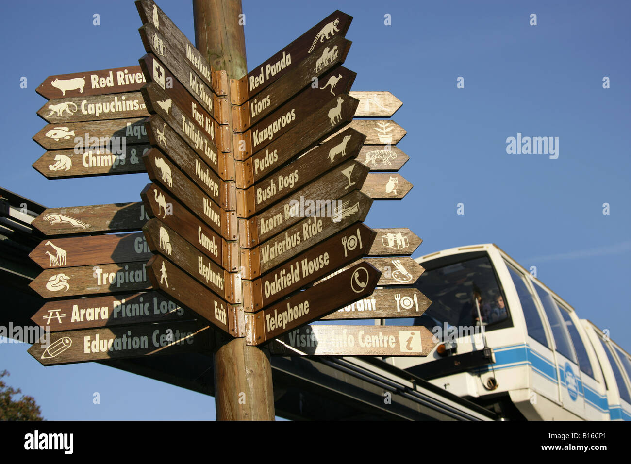 City of Chester, England. Chester Zoo visitor direction signs with the Zoo’s monorail in the background. Stock Photo