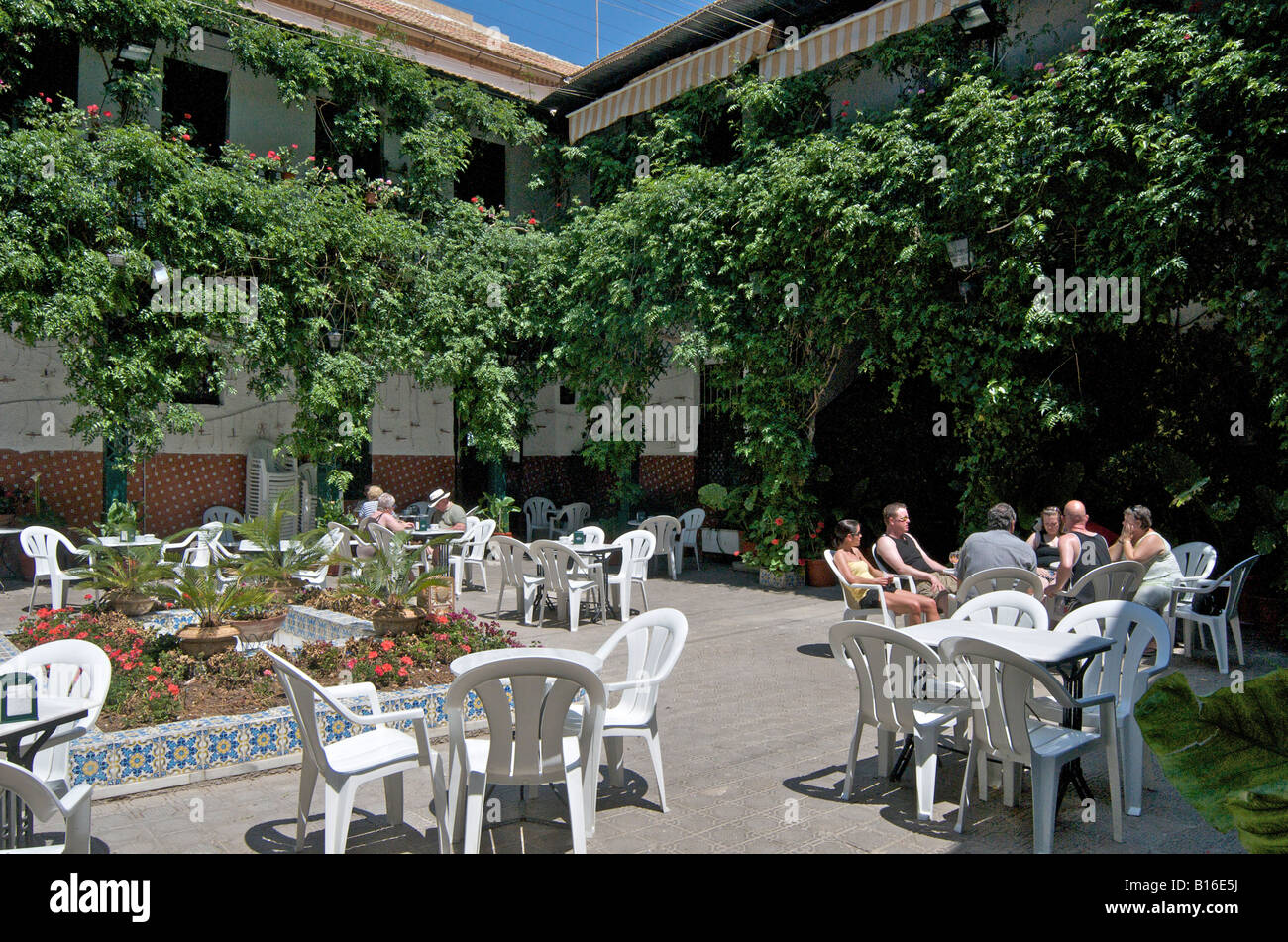 Beautiful Courtyard in a traditional Spanish Tapas Bar and Restaurant in Los Alcazares on the Costa Calida,East Coast of Spain Stock Photo