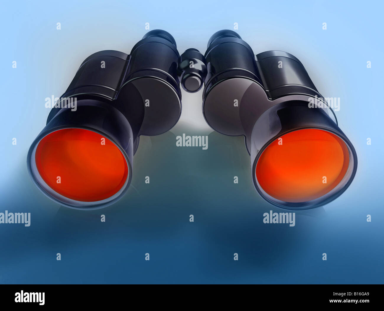 3d concept illustration of binoculars with orange lenses Stock Photo
