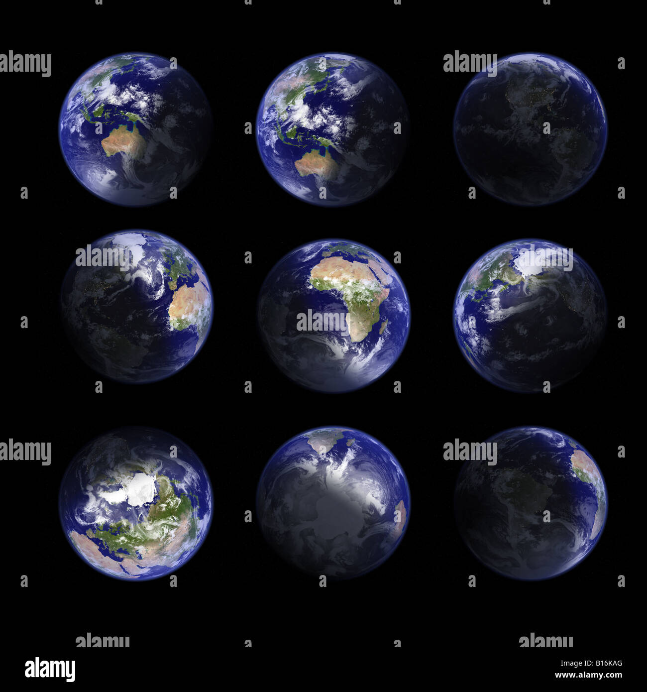 Earth planet, ultrahigh resolution, real topography rendering. Different views and different time of day: day view, night view Stock Photo