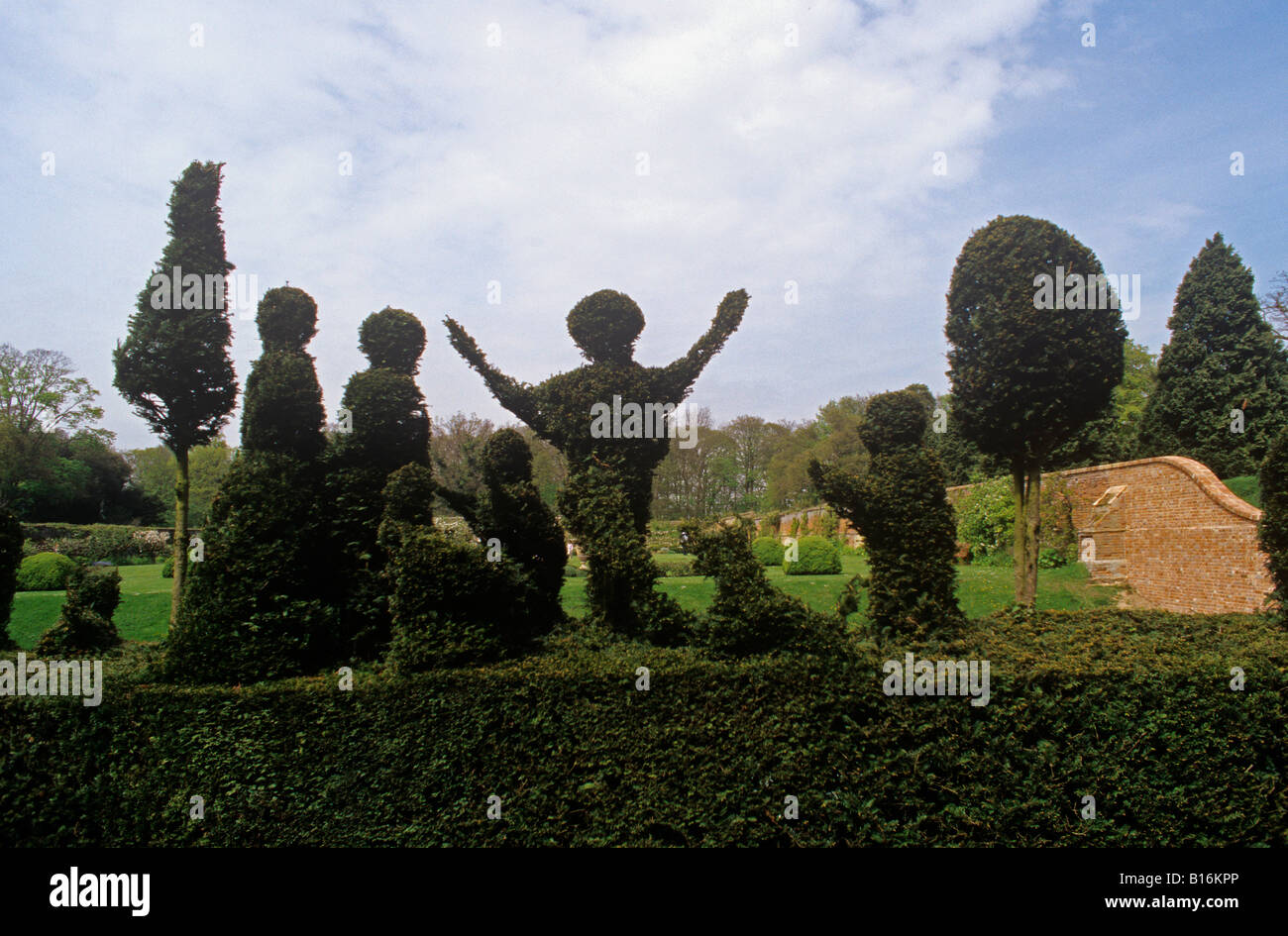 intricate Topiary family group overlooking the walled garden at Kentwell Hall near Long Melford Suffolk Stock Photo