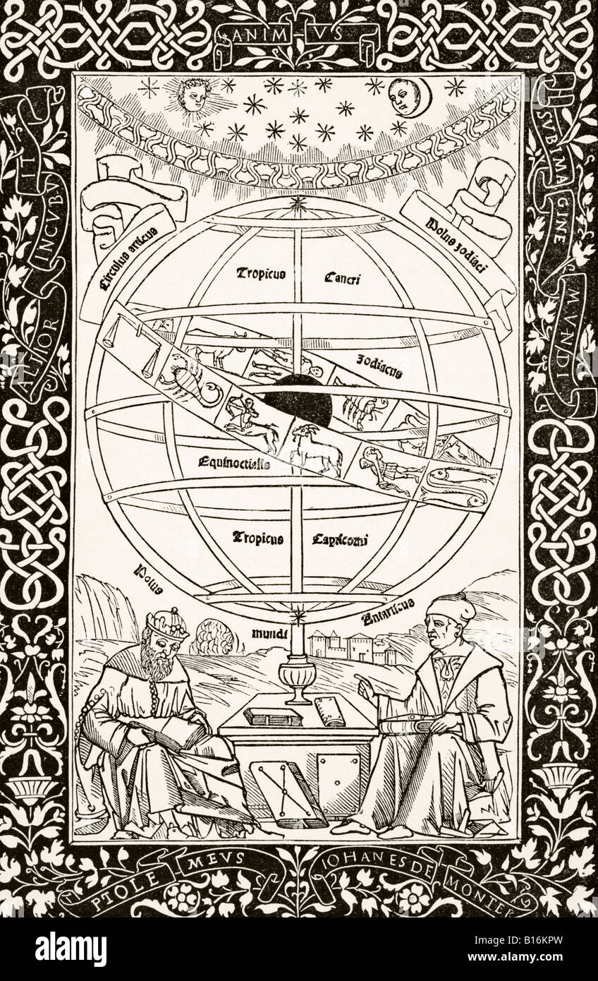 Ptolemy's System explained by Johannes Müller von Königsberg, right, 1436 -1476. German astronomer, astrologer and mathematician. Stock Photo