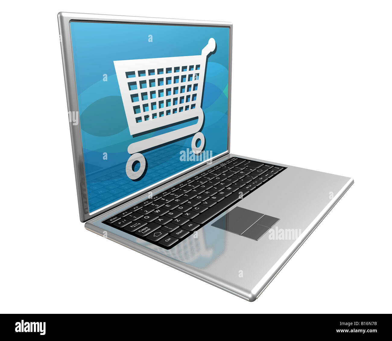 Laptop computer showing a shopping trolley representing shopping on the Internet Stock Photo