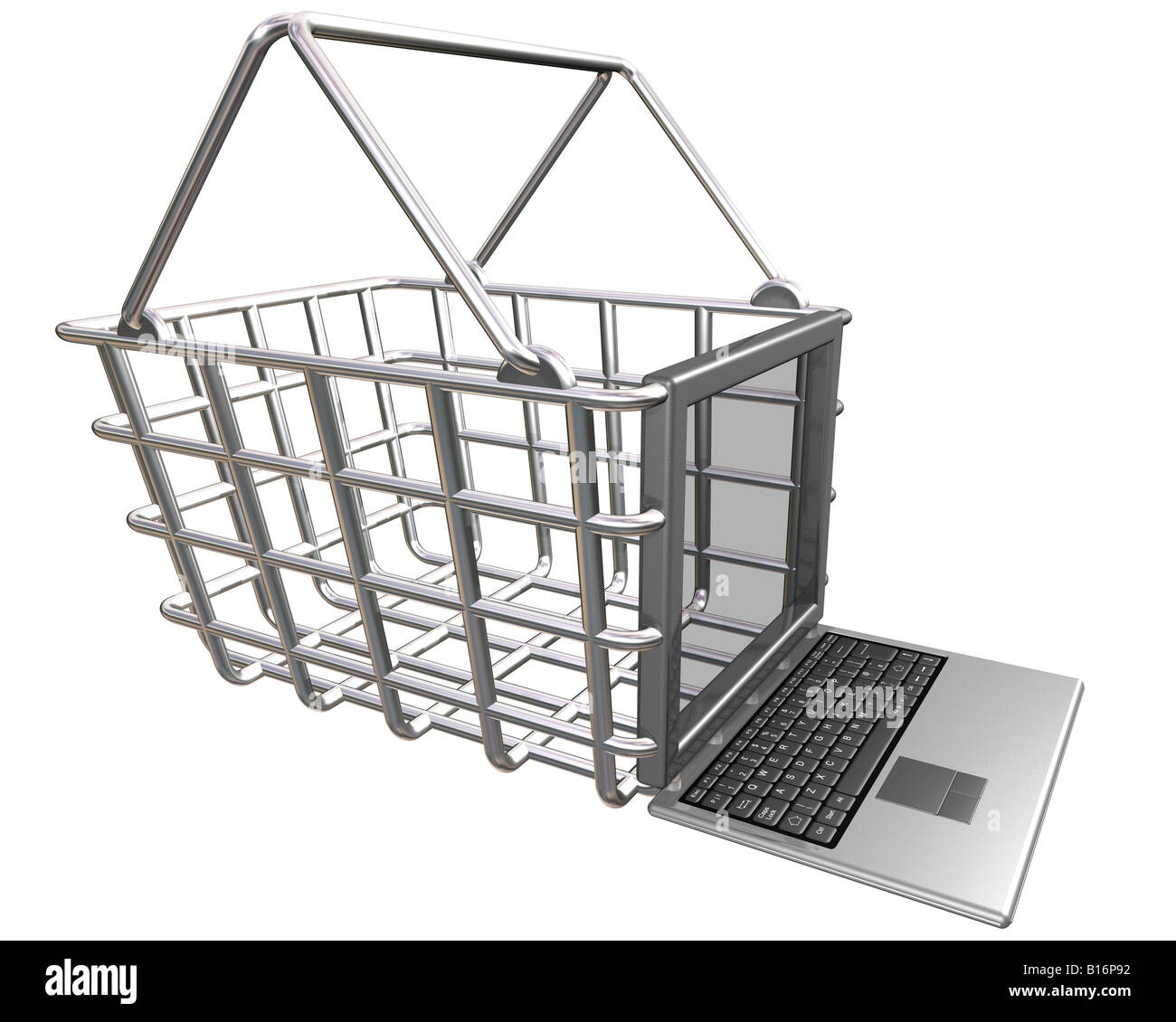 Internet shopping basket with a laptop computer looking into the basket Stock Photo