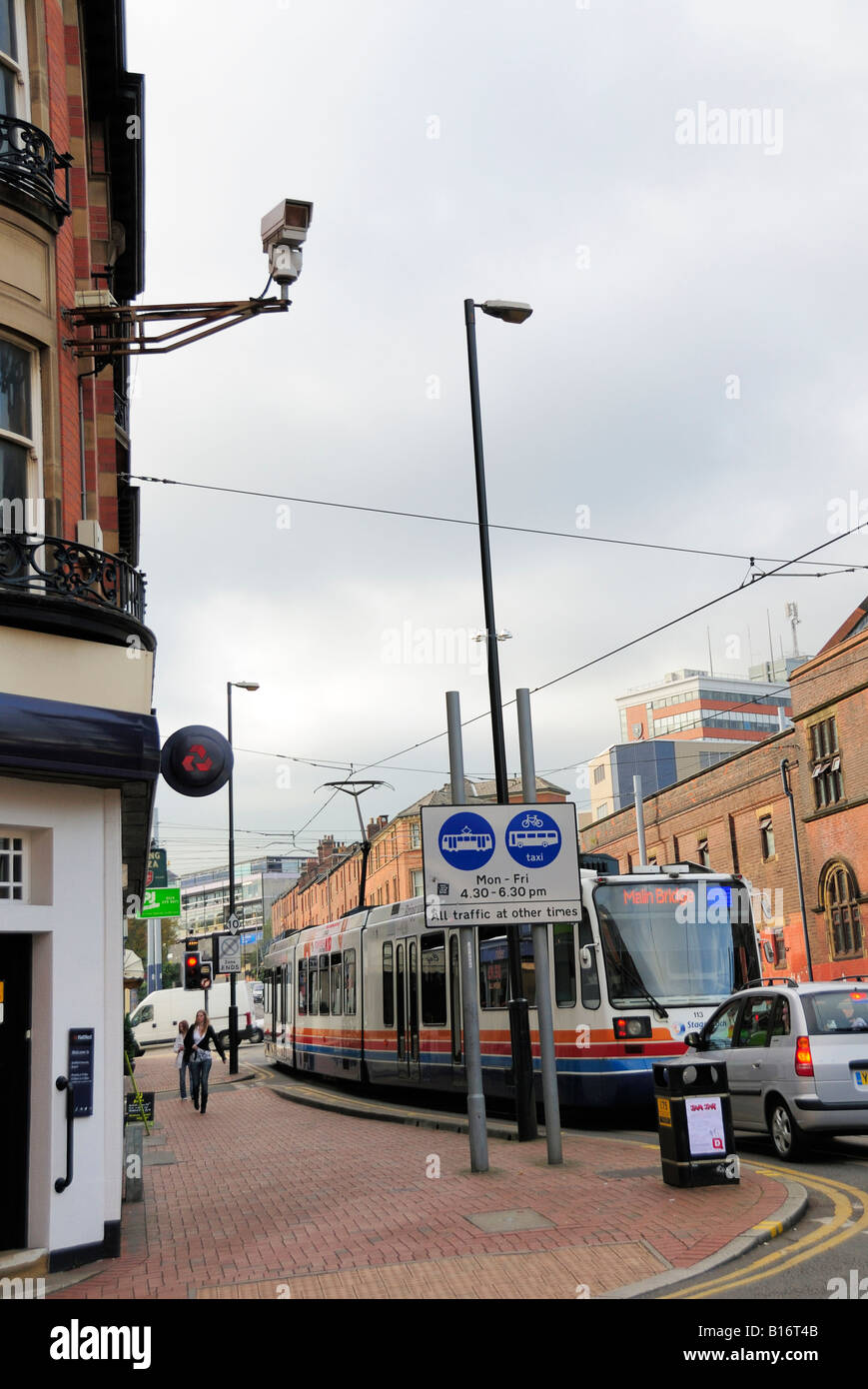 Street Furniture & Traffic Surveillance Camera located on main supertram route in busy city centre Stock Photo