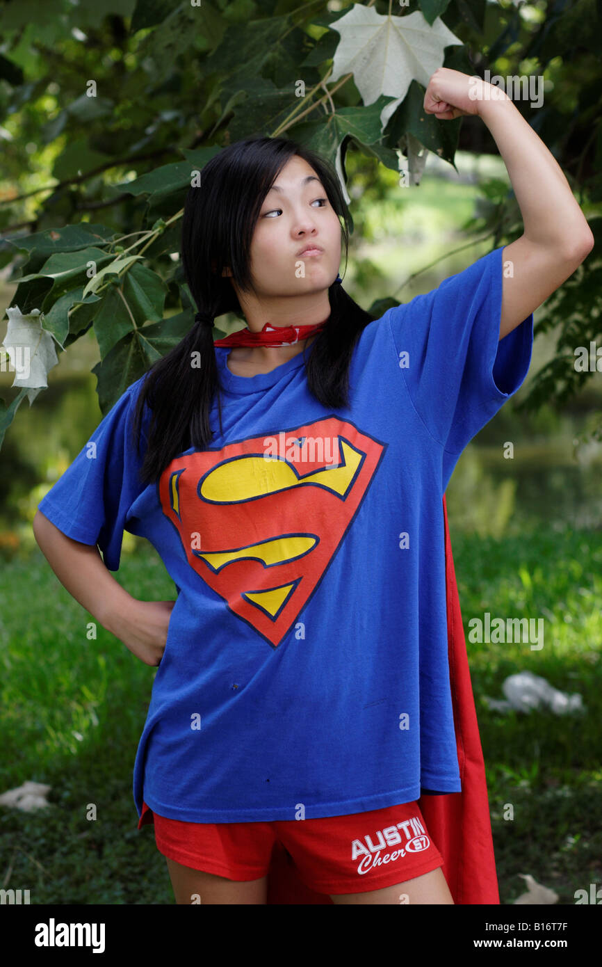 girl wearing superman t shirt