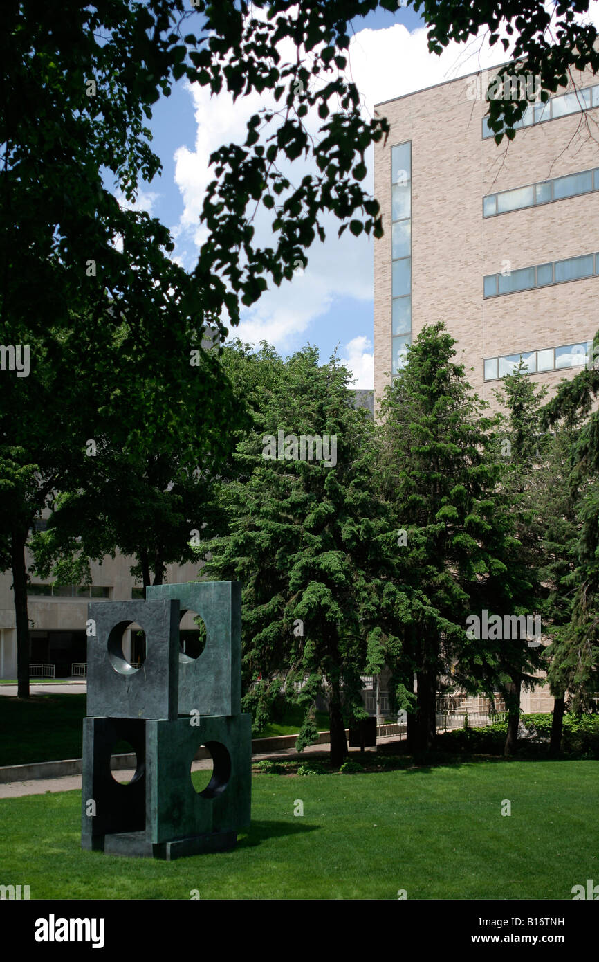 Sculpture in park Mayo medical complex buildings in background Rochester Minnesota Stock Photo