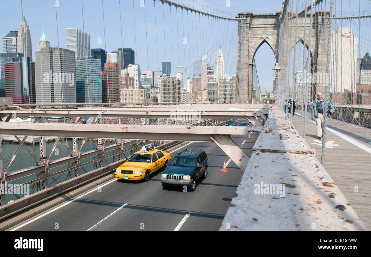 New York cab on the Brooklyn Bridge Stock Photo