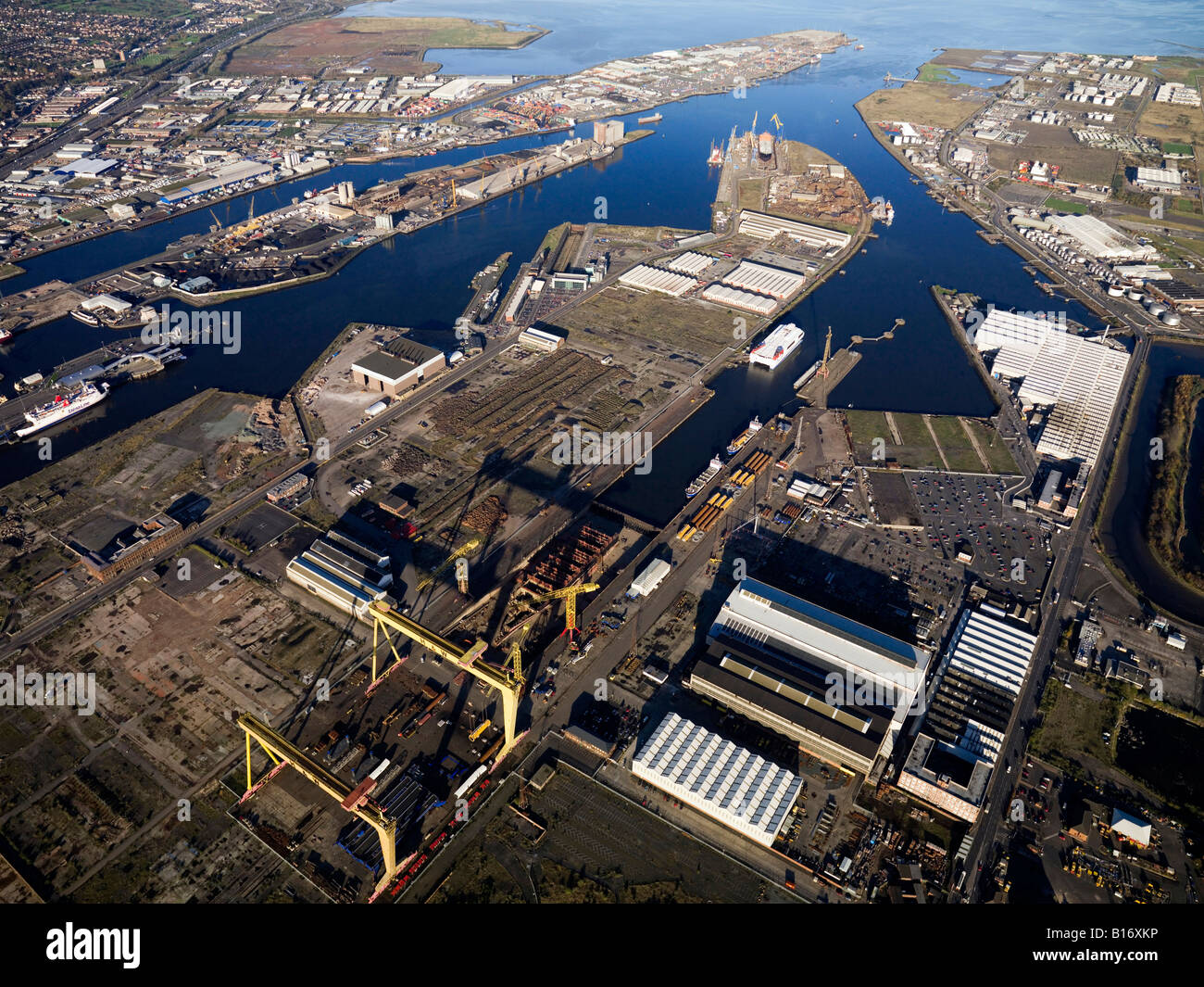 Aerial, Belfast harbour, Northern Ireland Stock Photo