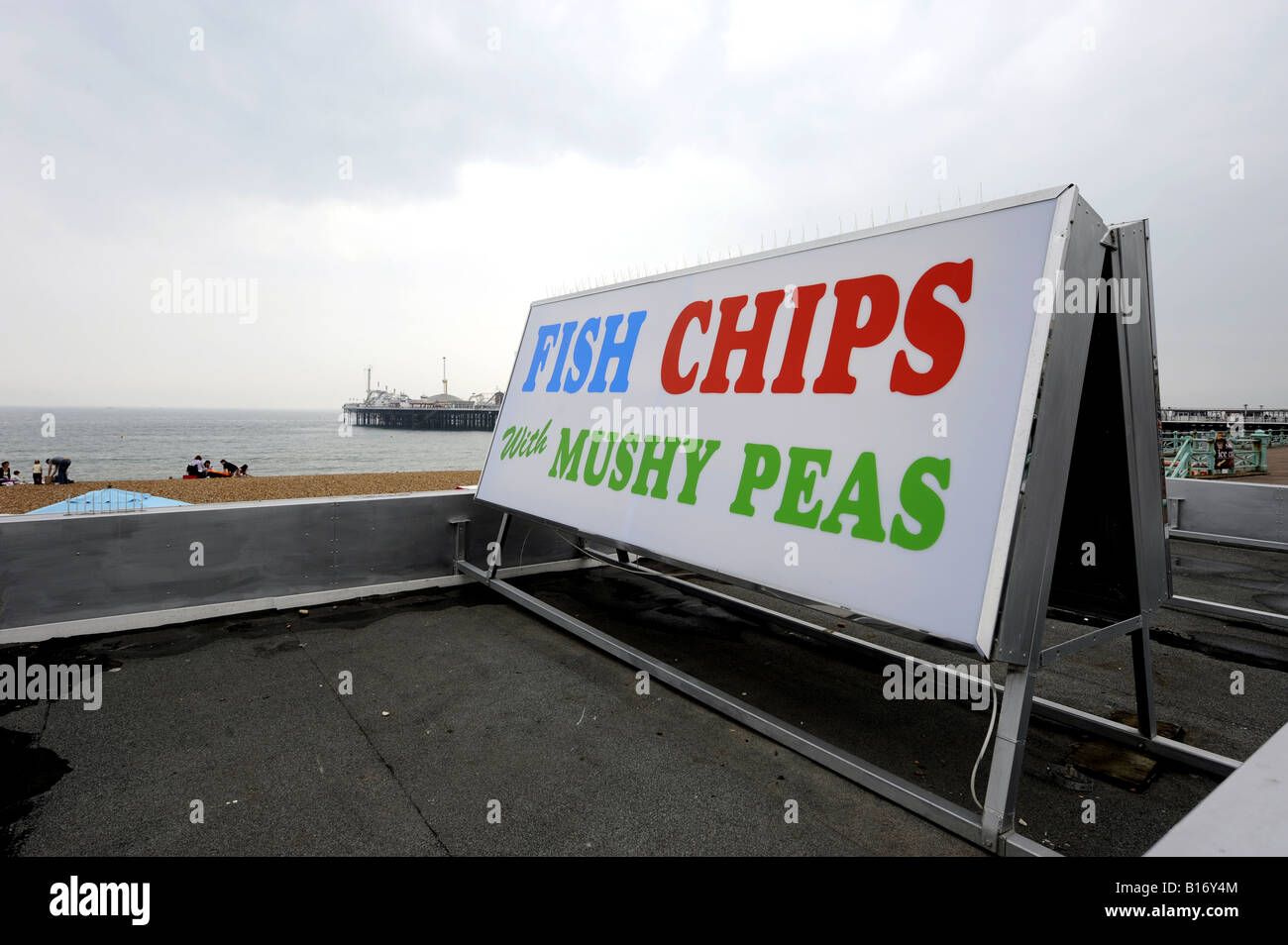 Fish and Chips sign on Brighton seafront UK Stock Photo Alamy