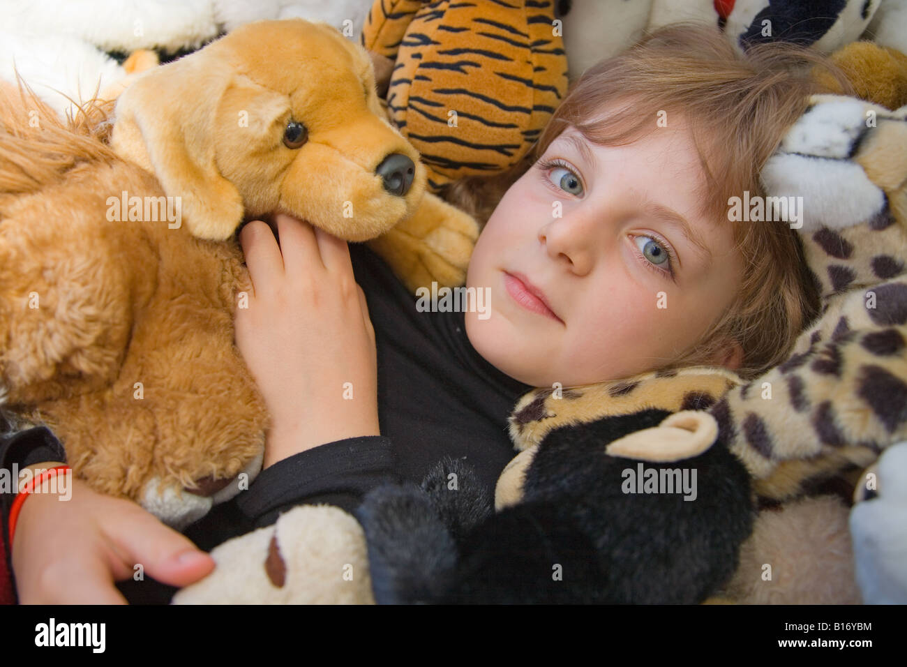 Young girl surrounded by her soft cuddly toys Stock Photo