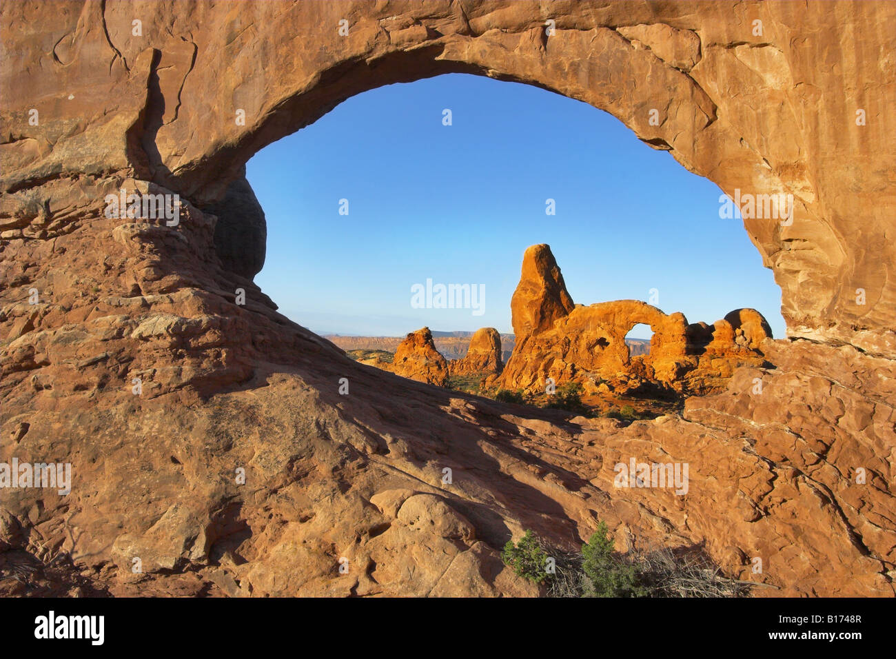 An arch in a huge natural stone wall through which other arches are visible in National park in the USA Stock Photo