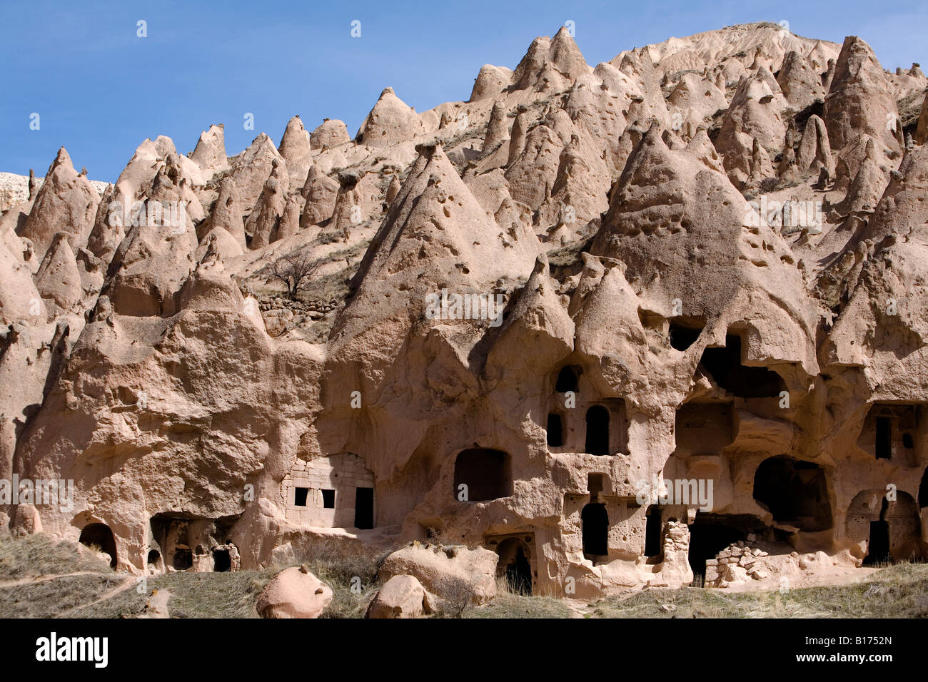 Ancient cavetown near Goreme Cappadocia Turkey Stock Photo