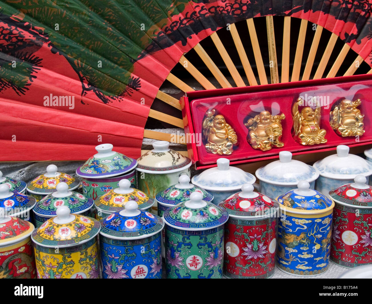 Chinese cups and trinkets for sale in the Darjeeling bazaar Stock Photo