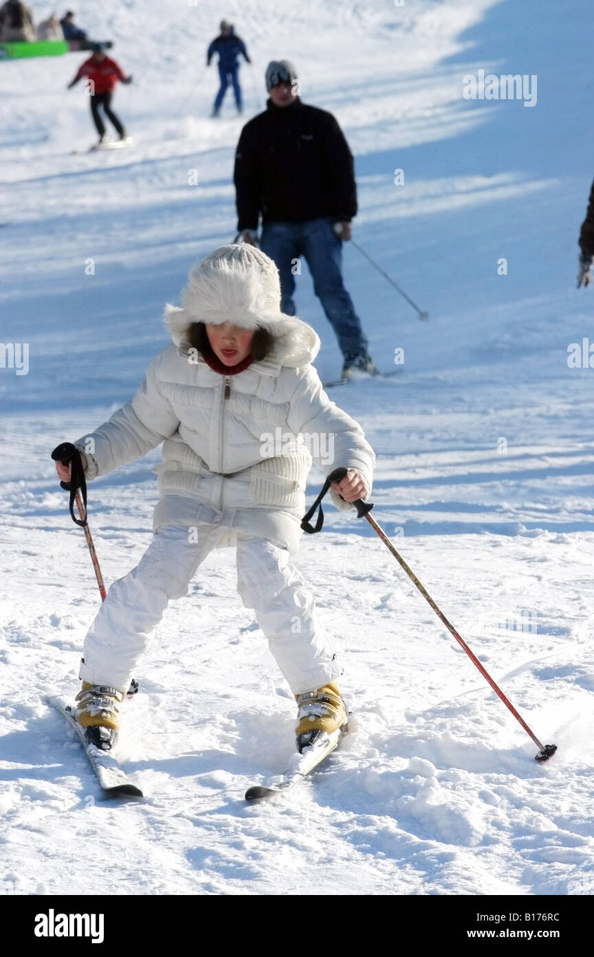 eight year old boy learning to ski Stock Photo Alamy