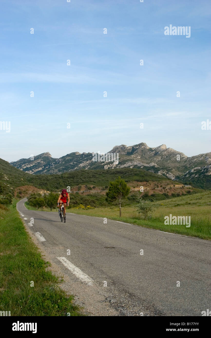 Biking in the South of France, Provence, near St Remy  and Les Baux de Provence, the Alpilles hills noted for biking and hiking Stock Photo