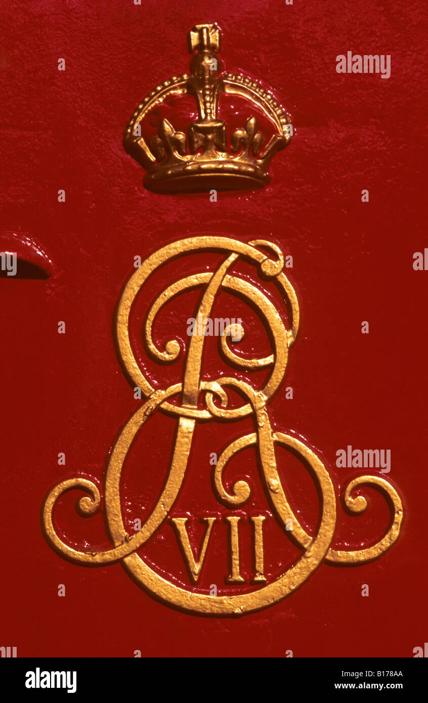 King Edward VII cypher on door of British letter collection box, Powys, Wales, UK. Stock Photo