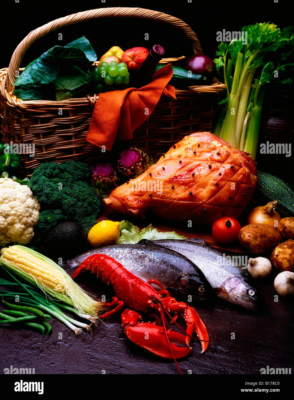 Ham, fish and vegetables Stock Photo