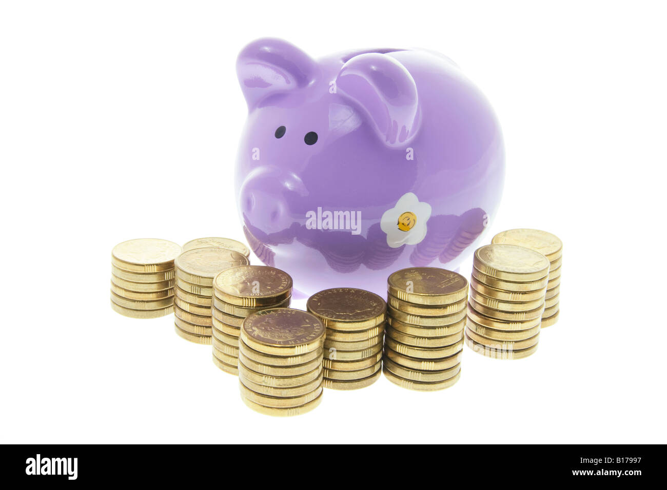 Piggy Bank with Stacks of Coins on White Background Stock Photo - Alamy