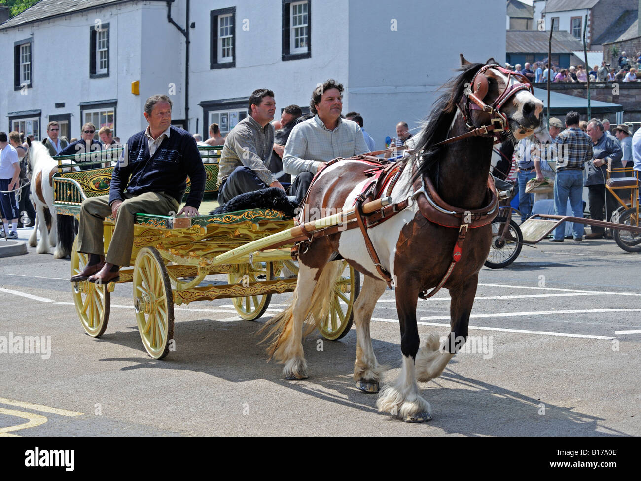 Gypsy travellers with trotting horse and cart. Appleby Horse Fair. Appleby-in-Westmorland, Cumbria, England, United Kingdom. Stock Photo