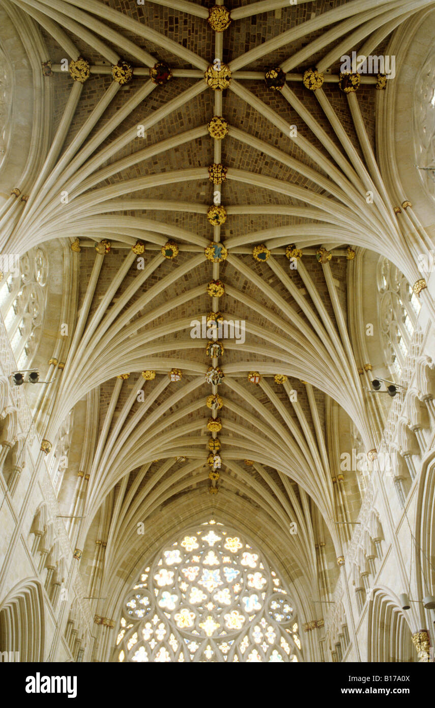 Exeter Cathdral interior Nave Roof with bosses fan vault vaulting west window English Medieval architecture roof boss England UK Stock Photo
