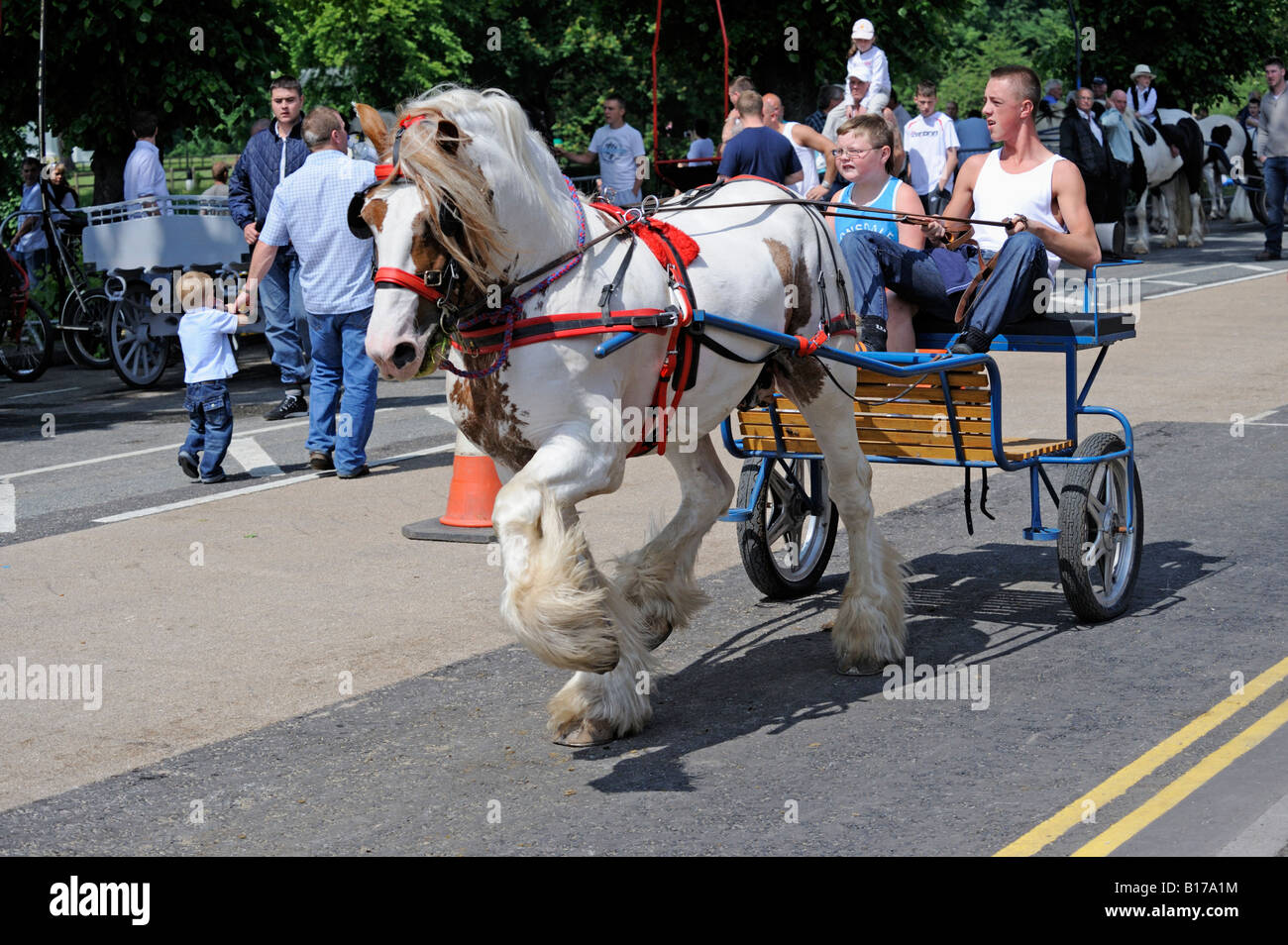Gypsy travellers with trotting horse and trap, Appleby Horse Fair. Appleby-in-Westmorland, Cumbria, England, United Kingdom. Stock Photo