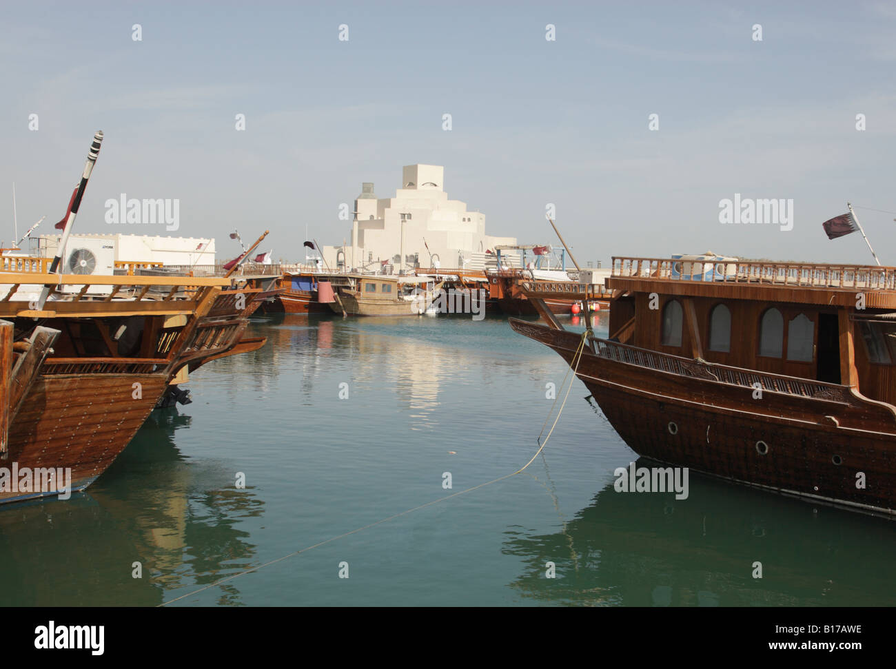 View across the dhow harbour towards the Museum of Islamic Art in Doha,Qatar, build by the architect I.M.Pei. Stock Photo