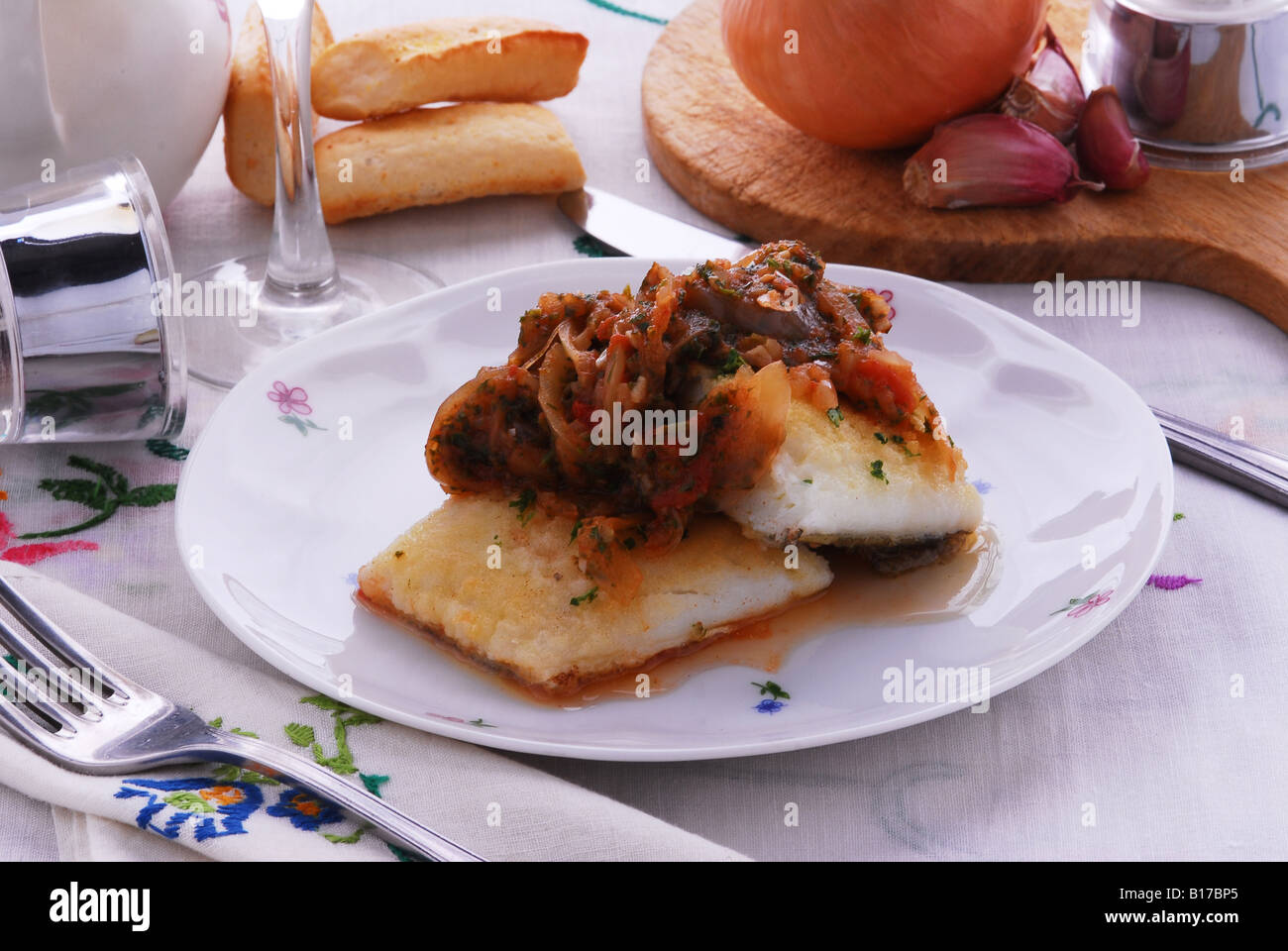 Dried salted cod ( cooked in the Livorno way ) Italian kitchen Tuscany Stock Photo