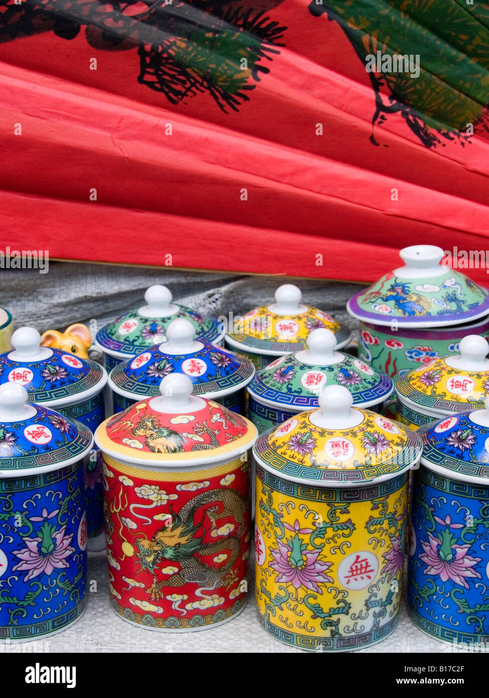 Chinese teacups and kitsch in the Darjeeling bazaar Stock Photo
