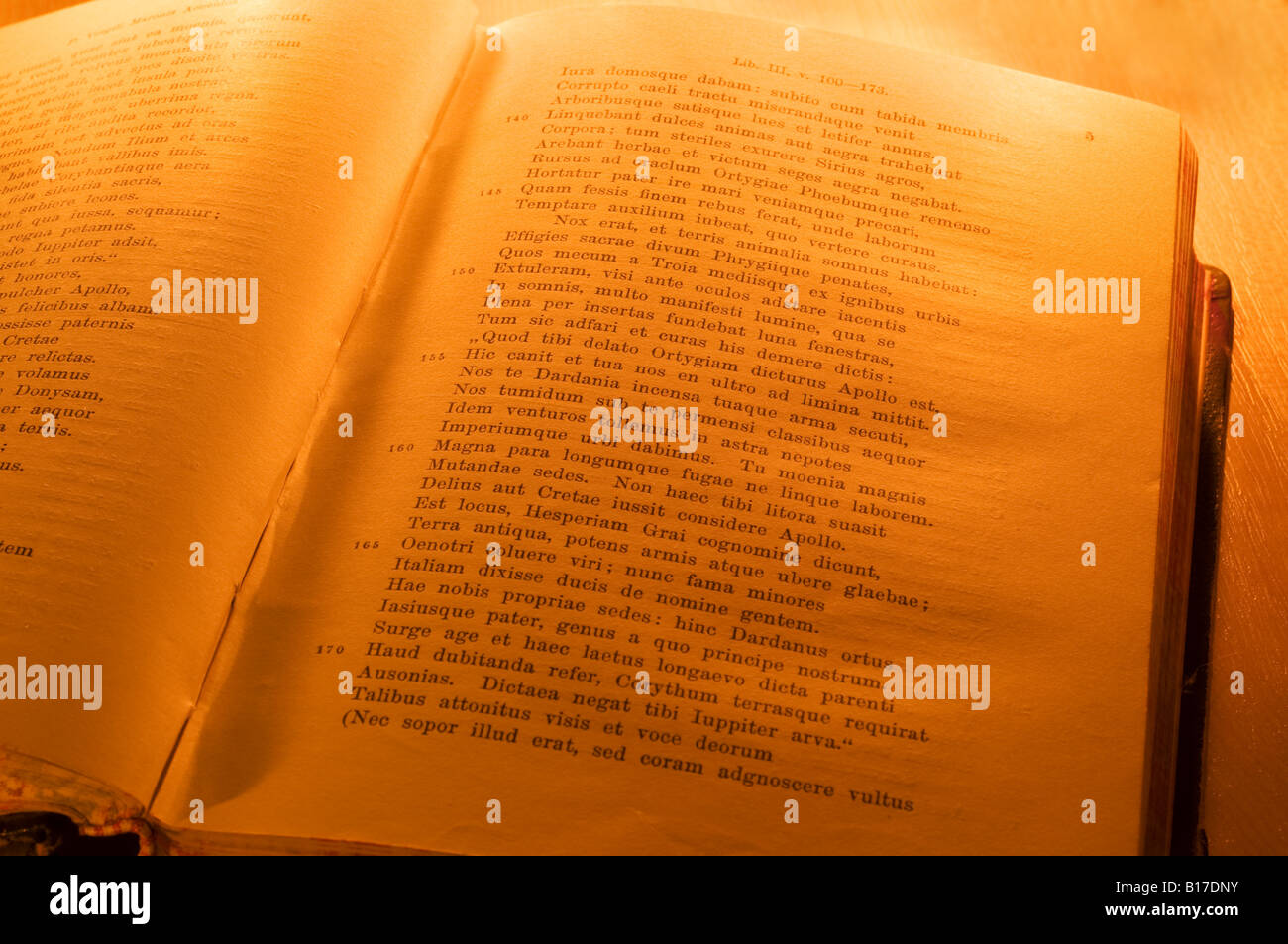 Pages of old book of Virgil's poem Aeneid in latin. Stock Photo