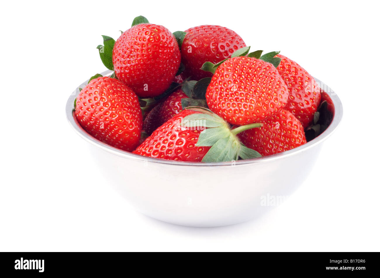 Stainless steel bowl with fresh red strawberries isolated on white background. Stock Photo