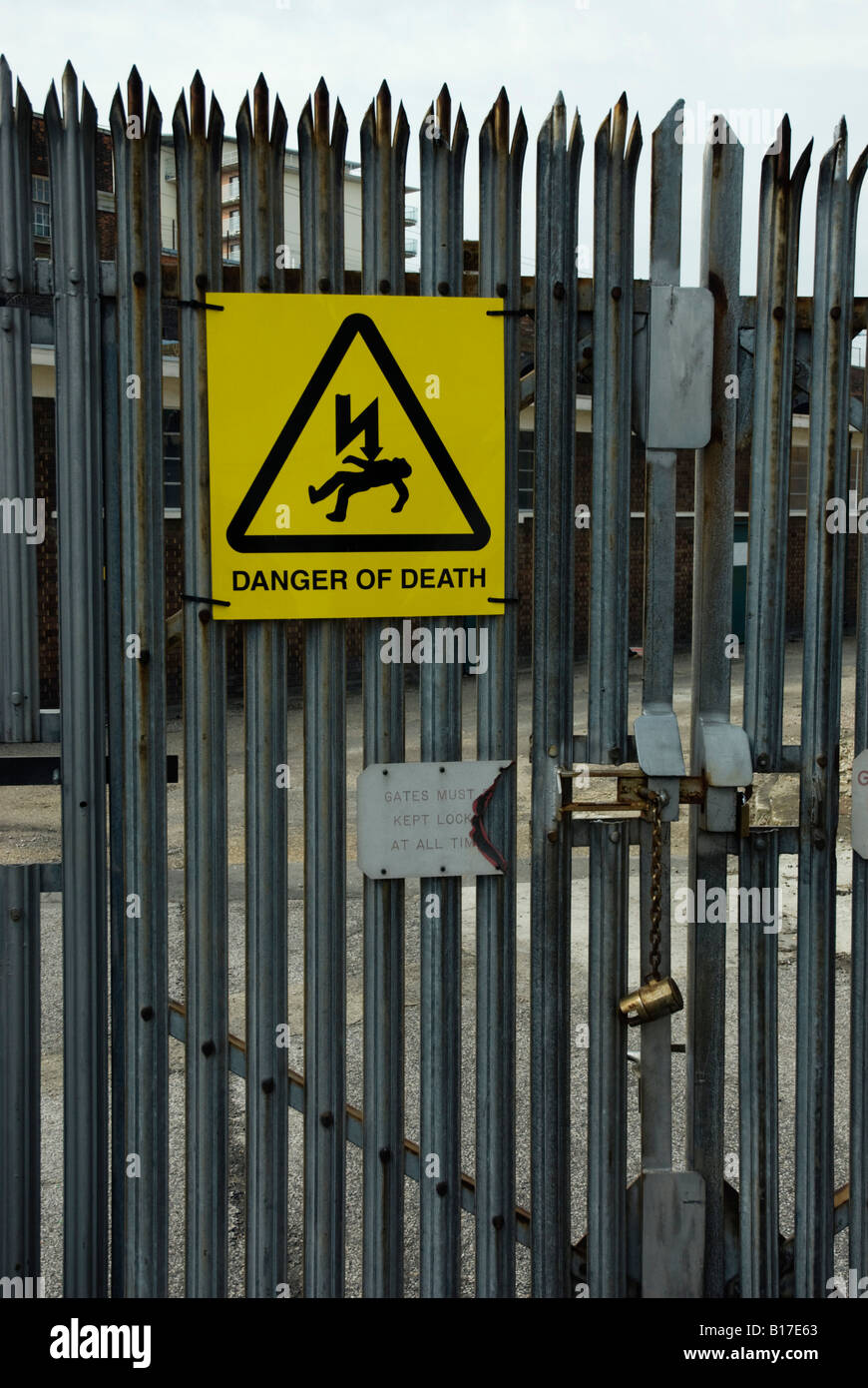 Danger of death sign on high security fence Stock Photo