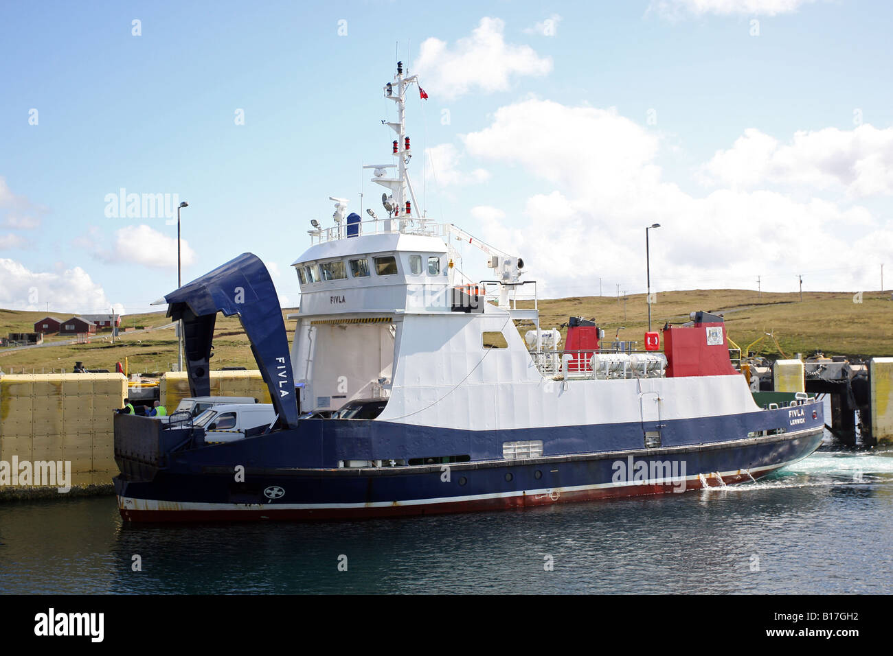 The ferry Fivla arriving at the Ulsta terminal on the island of Yell, Shetland, UK Stock Photo