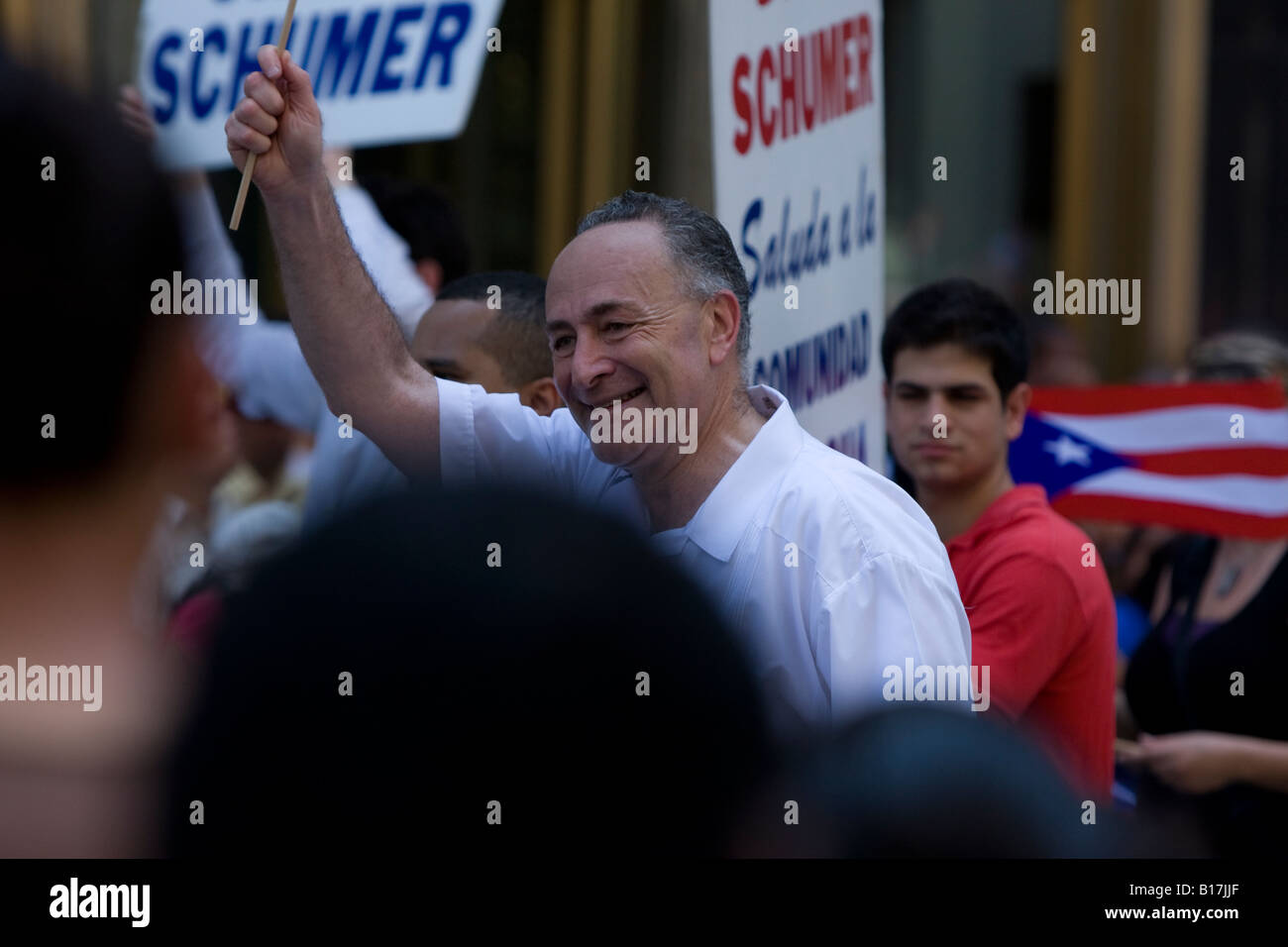 Democratic Senator from NY, Chuck Schumer, marches in the 2008 Puerto Rican Day Parade in New York City. Stock Photo